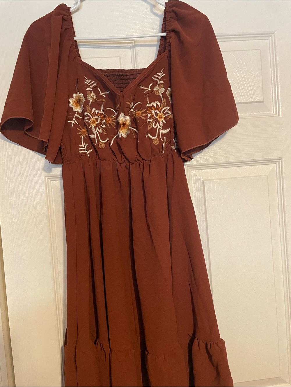 SHEIN Rust Midi Dress with Floral Embroidery